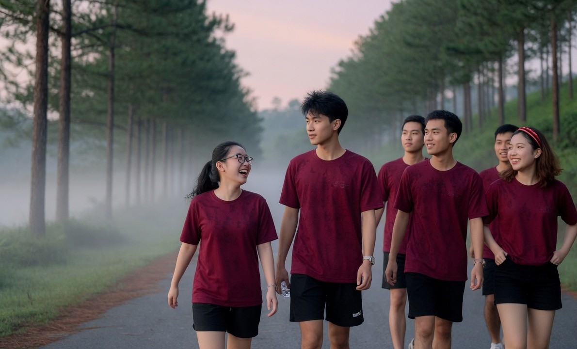 Nhóm sinh viên áo maroon đi bộ trong sương trên đường thông